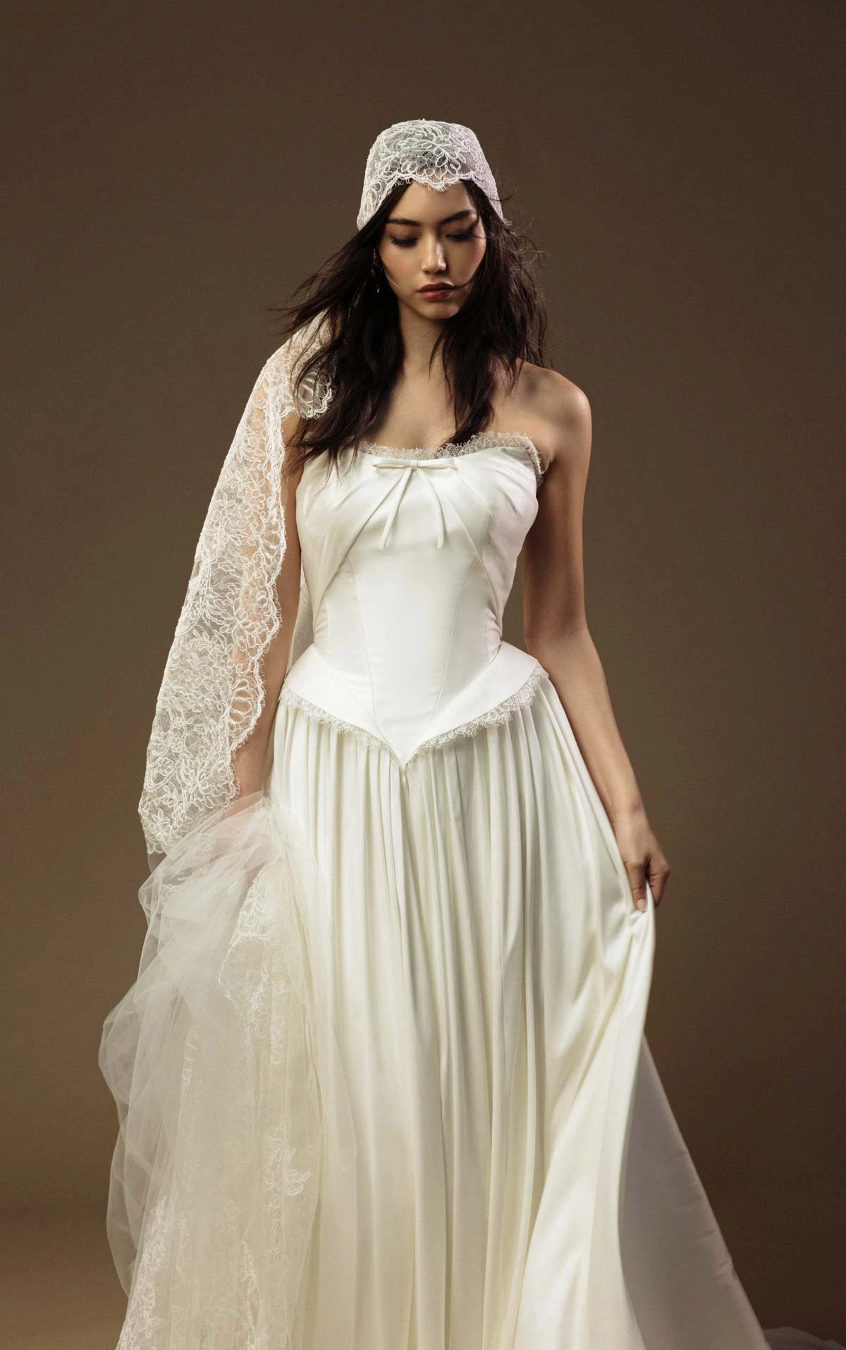 lynlee Strapless A-Line Wedding Dress in Smooth Taffeta with a Basque Waist  by All Who Wander