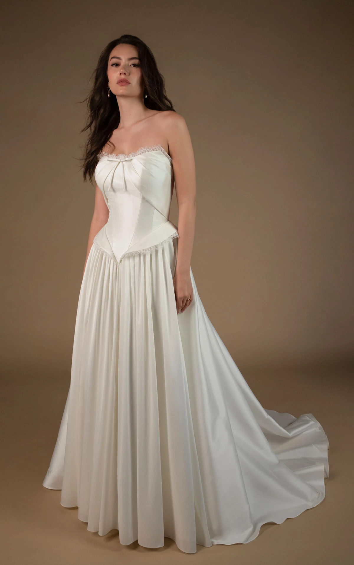 lynlee Strapless A-Line Wedding Dress in Smooth Taffeta with a Basque Waist  by All Who Wander
