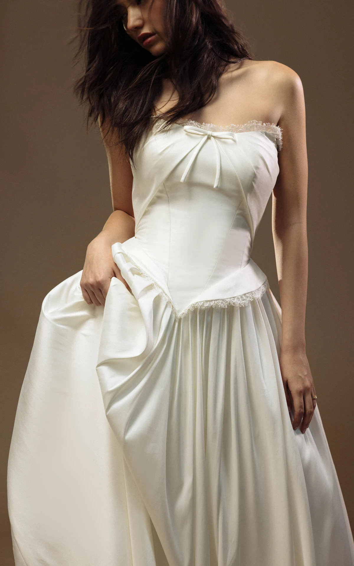 lynlee Strapless A-Line Wedding Dress in Smooth Taffeta with a Basque Waist  by All Who Wander
