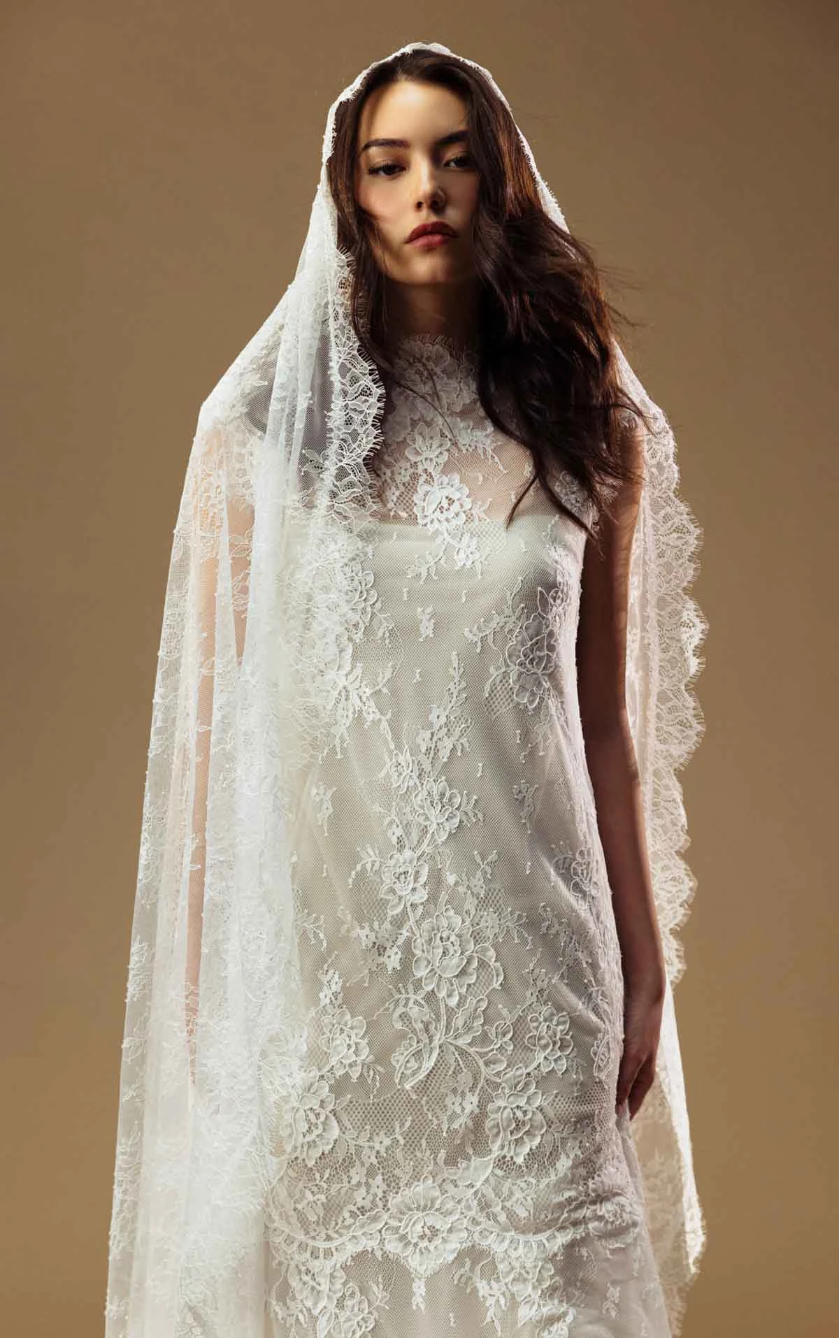 lyssa Cap-Sleeve Column Wedding Gown with a High Neckline  by All Who Wander