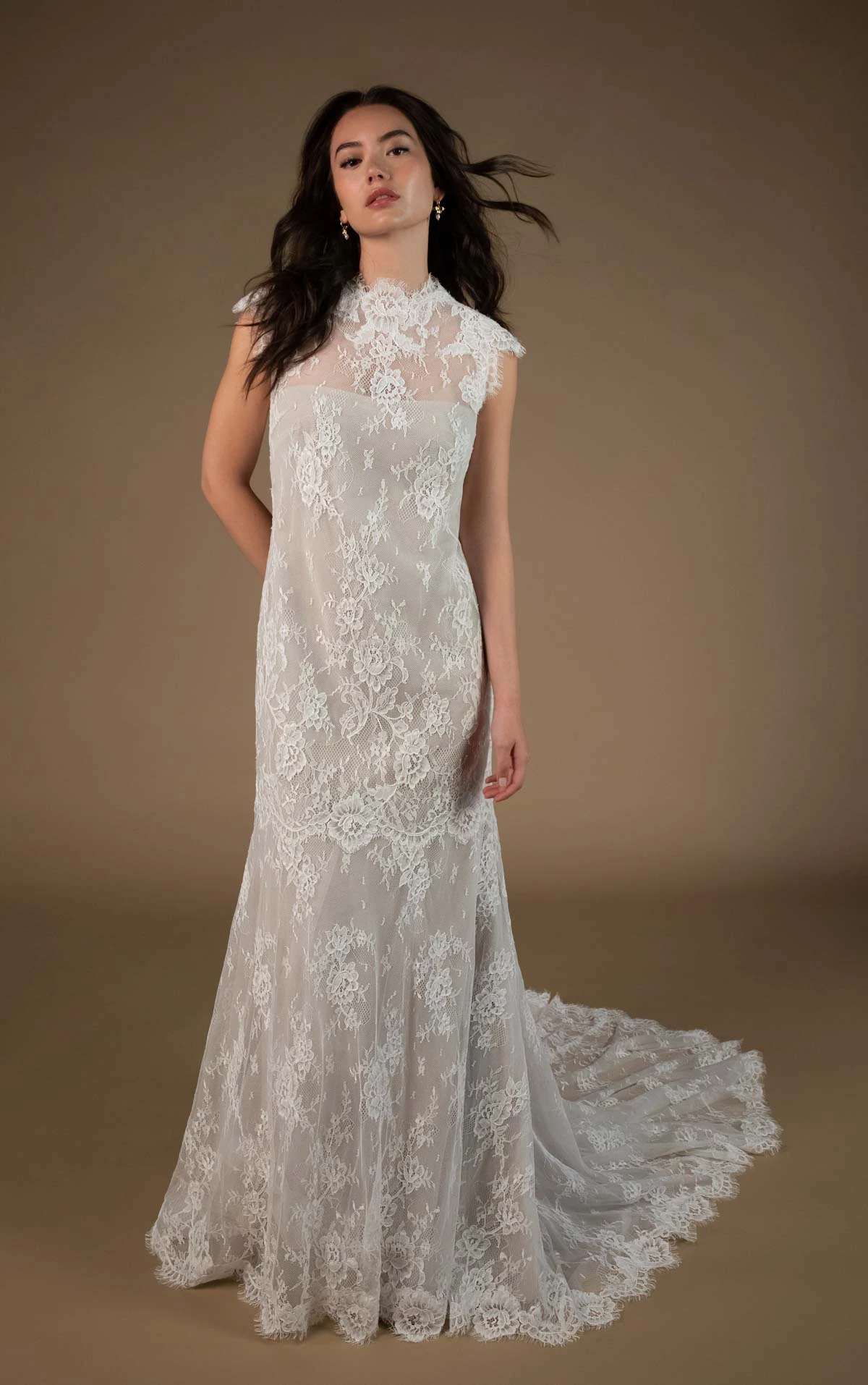 lyssa Cap-Sleeve Column Wedding Gown with a High Neckline  by All Who Wander