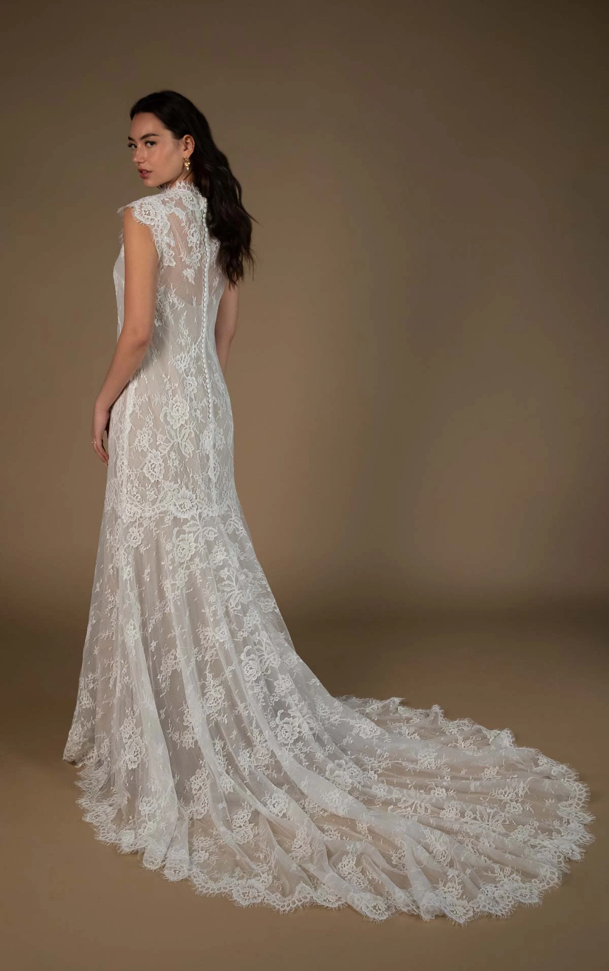 lyssa Cap-Sleeve Column Wedding Gown with a High Neckline  by All Who Wander