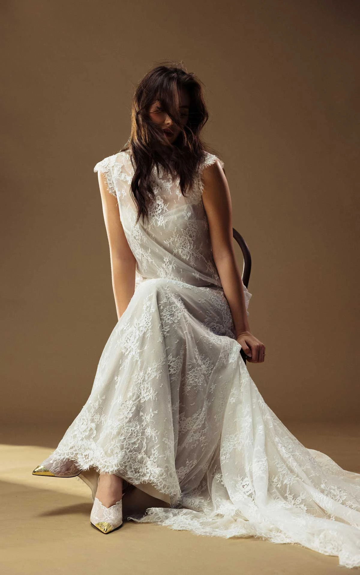 lyssa Cap-Sleeve Column Wedding Gown with a High Neckline  by All Who Wander