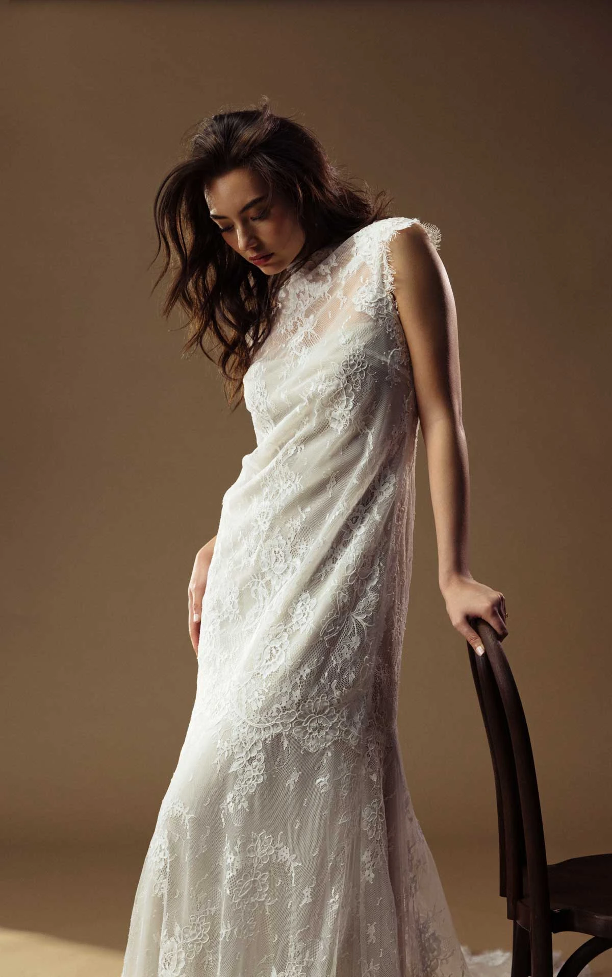 lyssa Cap-Sleeve Column Wedding Gown with a High Neckline  by All Who Wander