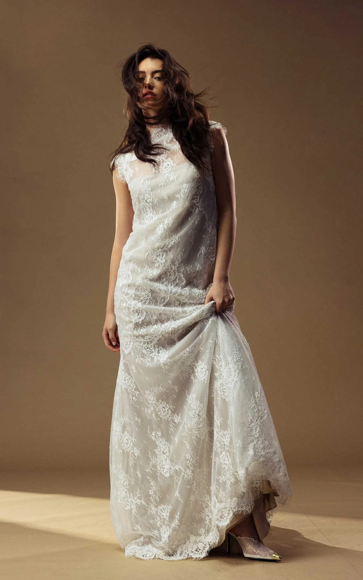 lyssa Cap-Sleeve Column Wedding Gown with a High Neckline  by All Who Wander