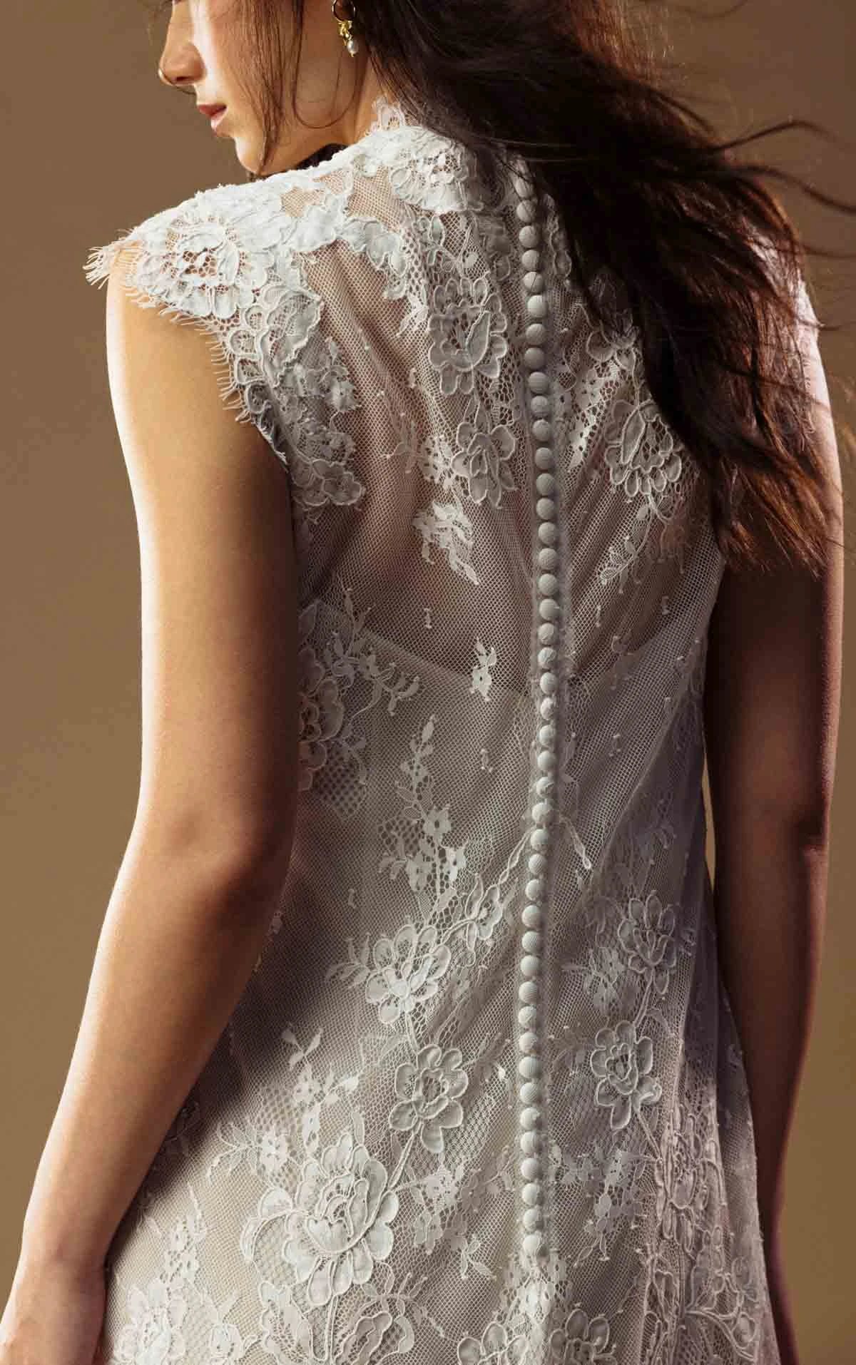 lyssa Cap-Sleeve Column Wedding Gown with a High Neckline  by All Who Wander