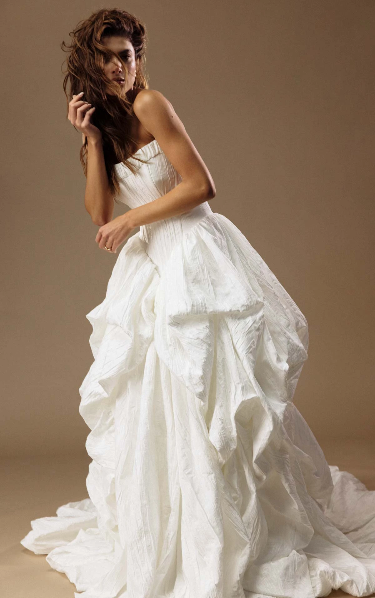 onyx A-Line Wedding Dress with a Pointed Basque Waist and Voluminous Pickup Skirt  by All Who Wander
