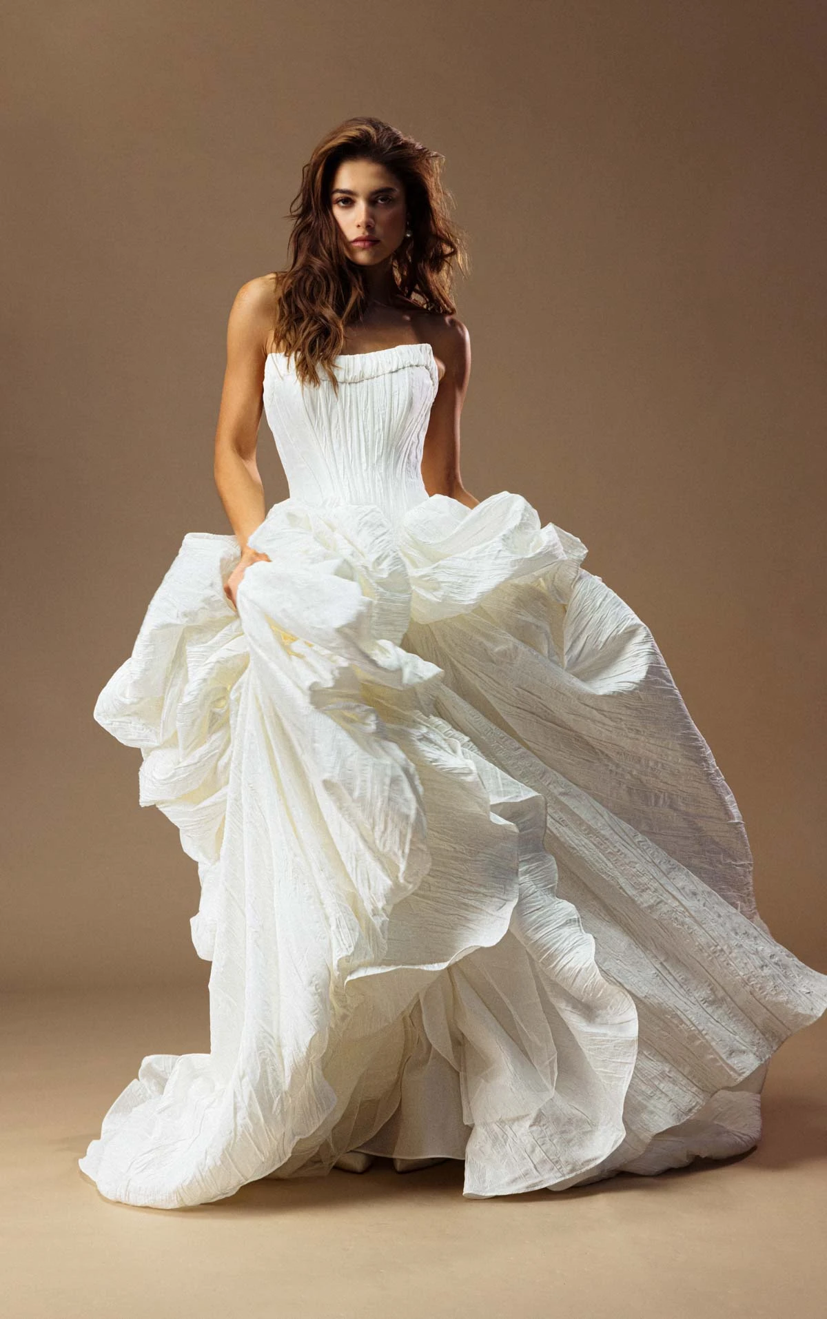 onyx A-Line Wedding Dress with a Pointed Basque Waist and Voluminous Pickup Skirt  by All Who Wander