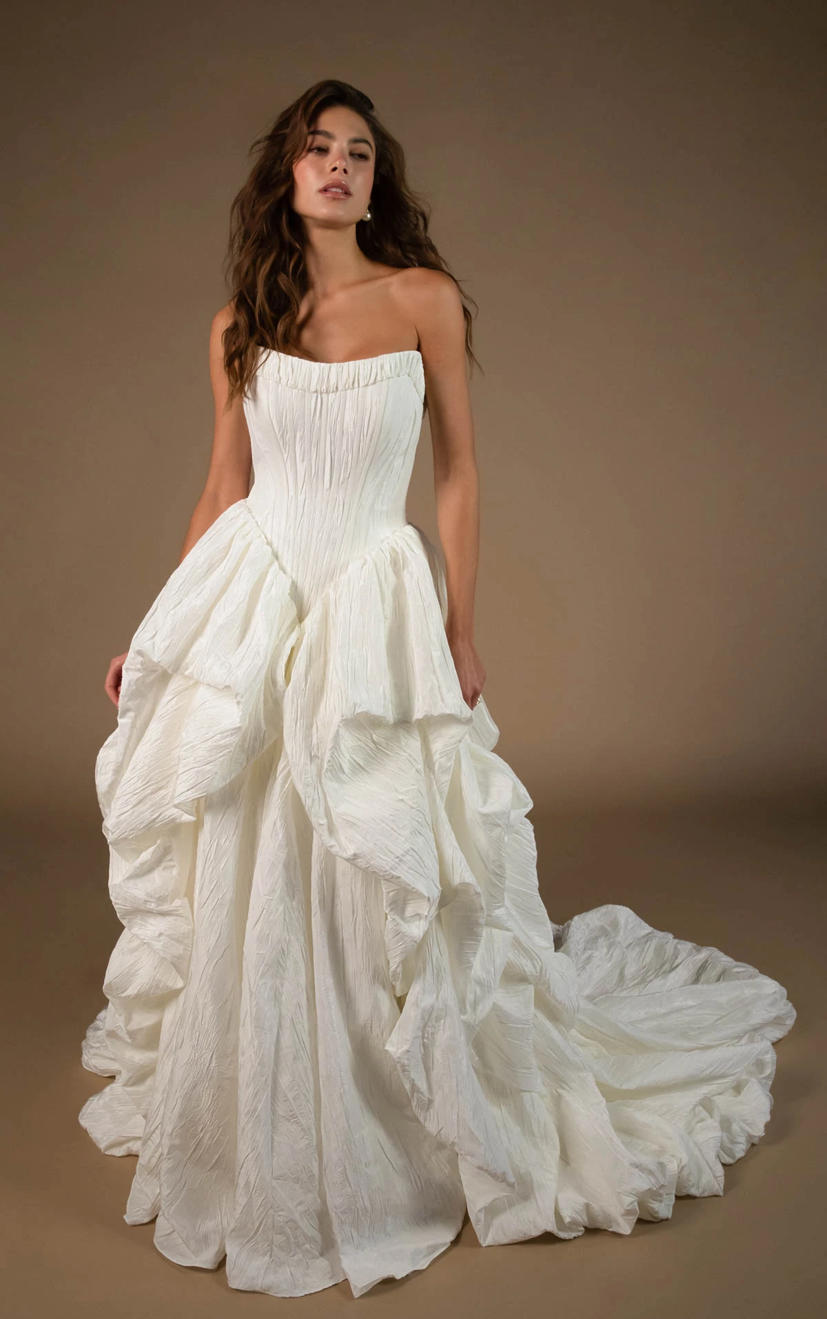 onyx A-Line Wedding Dress with a Pointed Basque Waist and Voluminous Pickup Skirt  by All Who Wander
