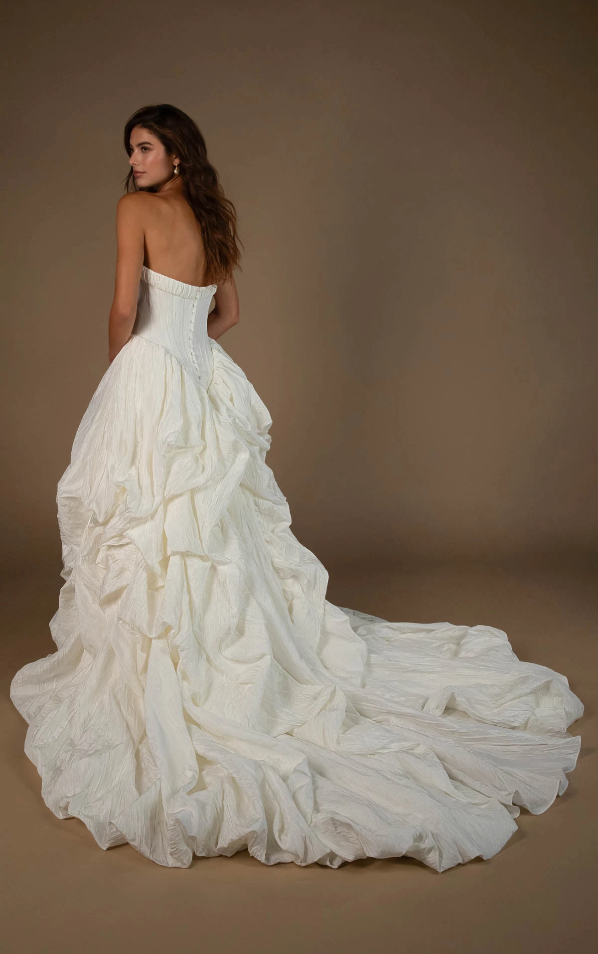 onyx A-Line Wedding Dress with a Pointed Basque Waist and Voluminous Pickup Skirt  by All Who Wander