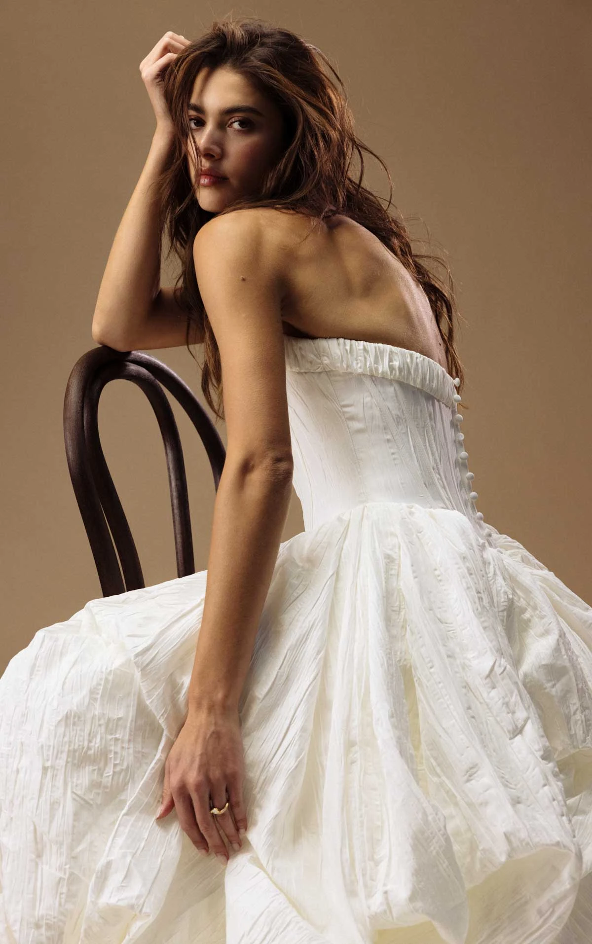 onyx A-Line Wedding Dress with a Pointed Basque Waist and Voluminous Pickup Skirt  by All Who Wander