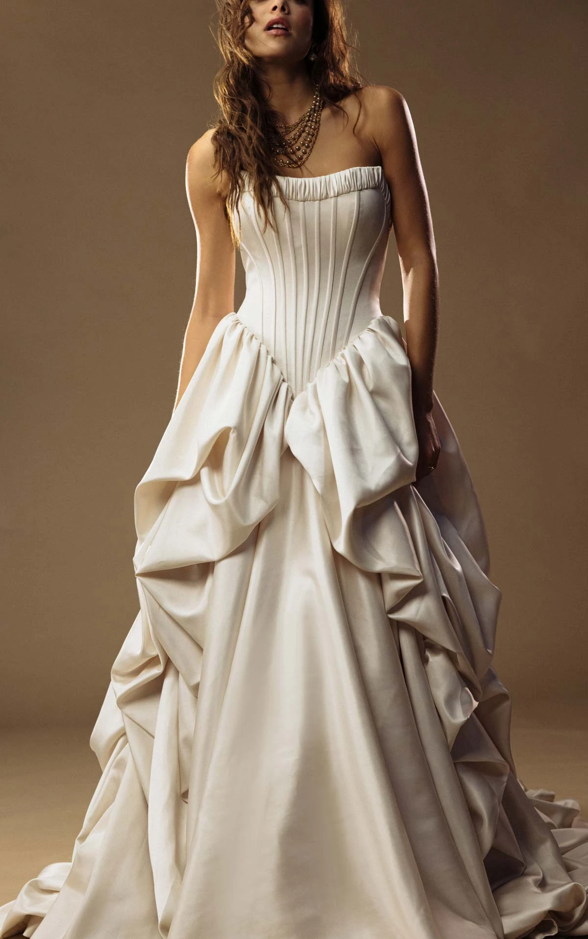 onyx-lgd A-Line Bridal Gown Featuring a Basque Waist and Dramatic Pickup Detailing  by All Who Wander