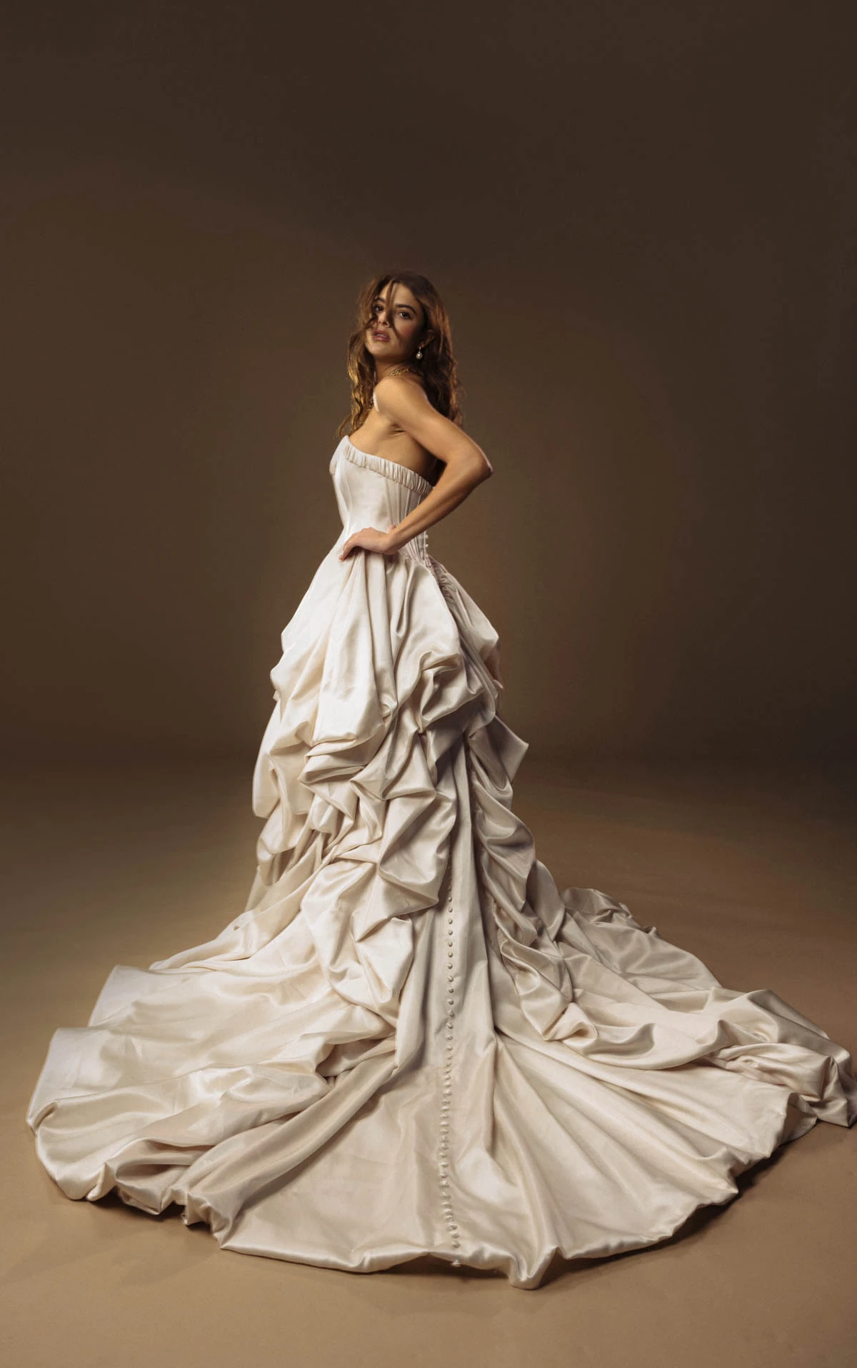 onyx-lgd A-Line Bridal Gown Featuring a Basque Waist and Dramatic Pickup Detailing  by All Who Wander