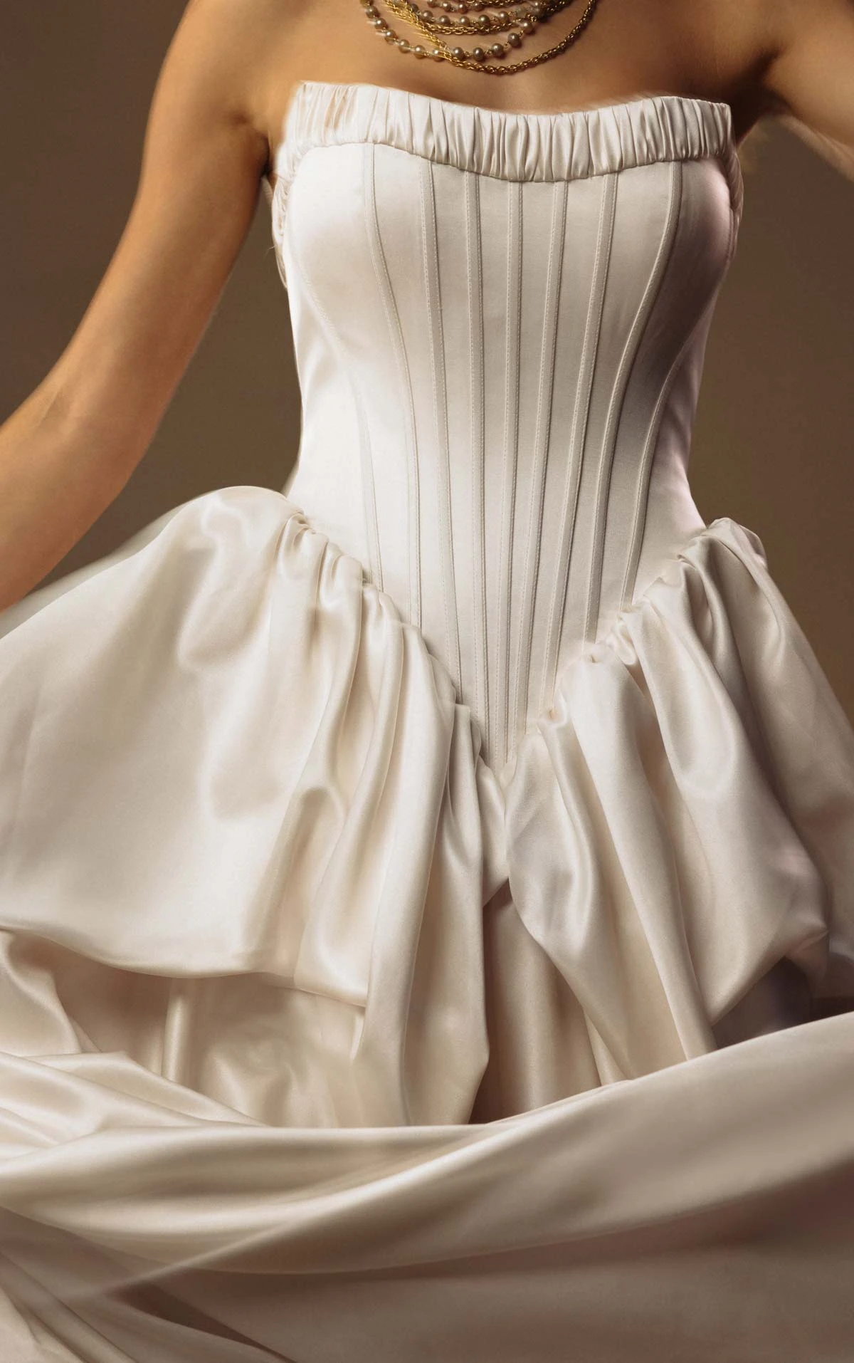 onyx-lgd A-Line Bridal Gown Featuring a Basque Waist and Dramatic Pickup Detailing  by All Who Wander