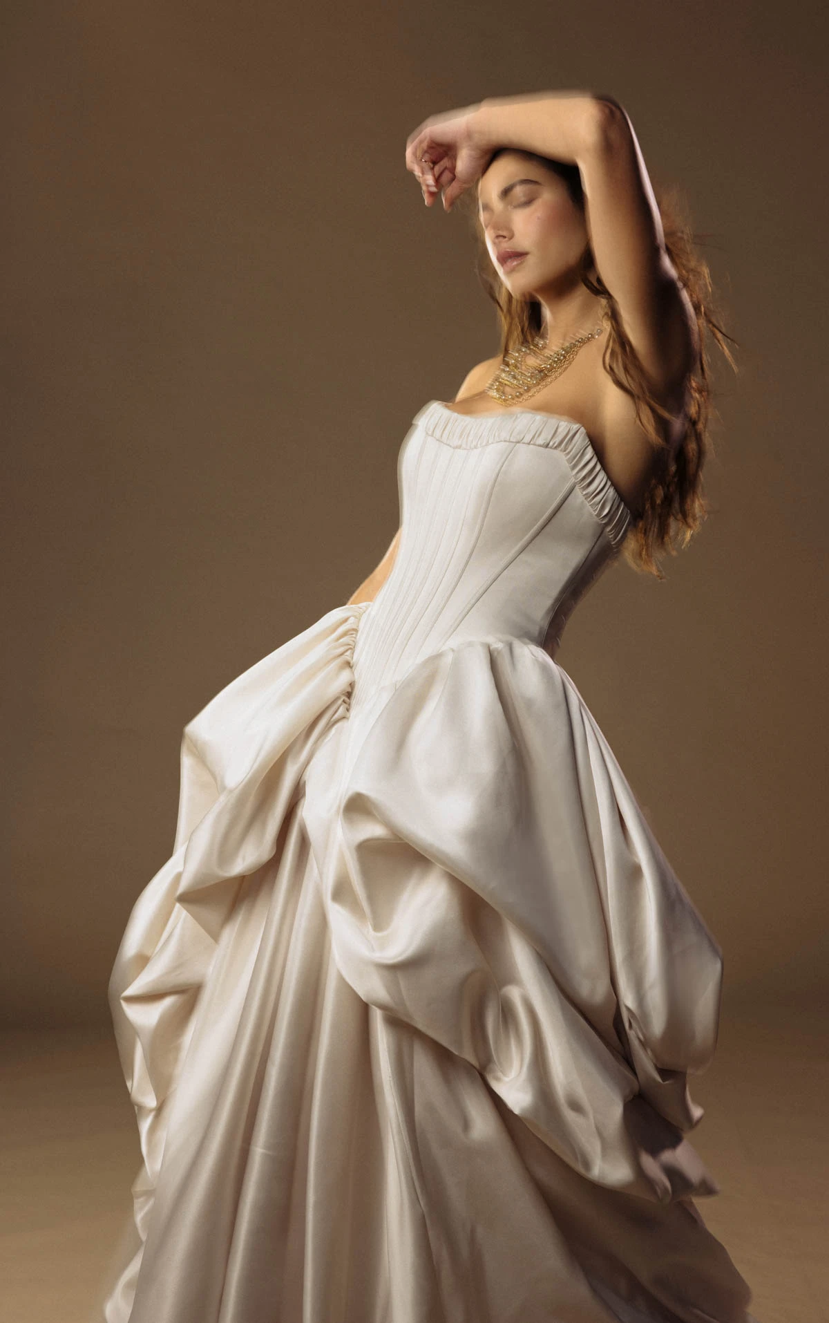 onyx-lgd A-Line Bridal Gown Featuring a Basque Waist and Dramatic Pickup Detailing  by All Who Wander