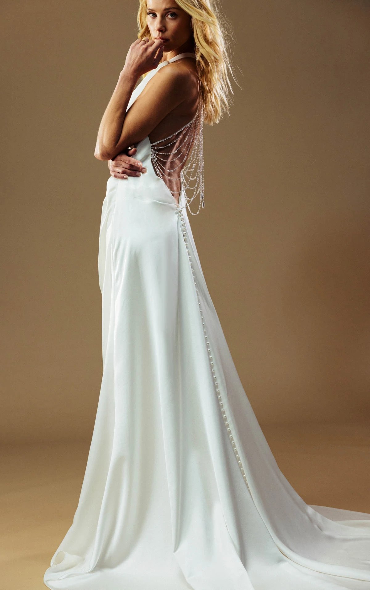 richie Draped Halter Cowl Neckline Satin Sheath Wedding Dress with Pearl Strand Open Back  by All Who Wander