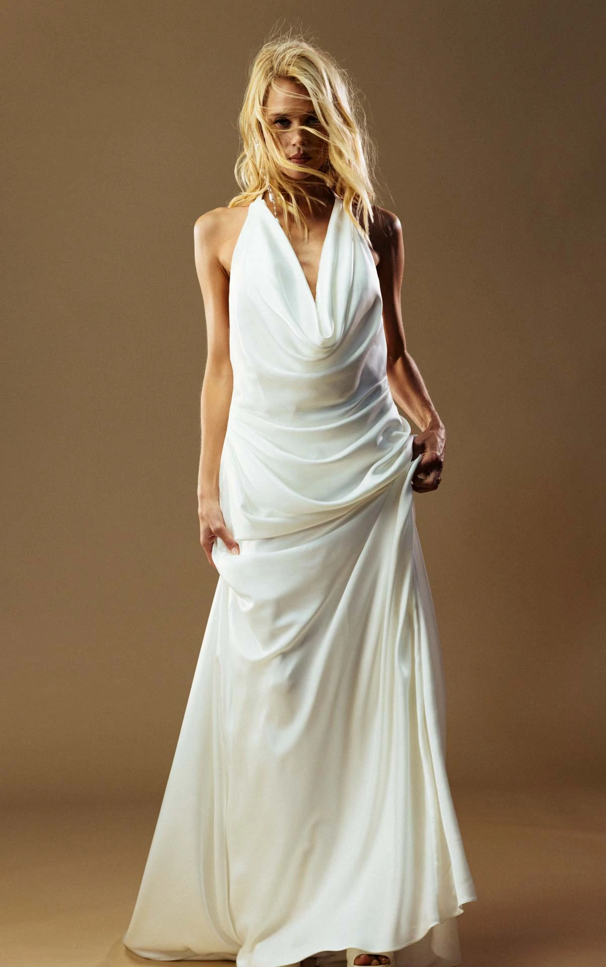 richie Draped Halter Cowl Neckline Satin Sheath Wedding Dress with Pearl Strand Open Back  by All Who Wander