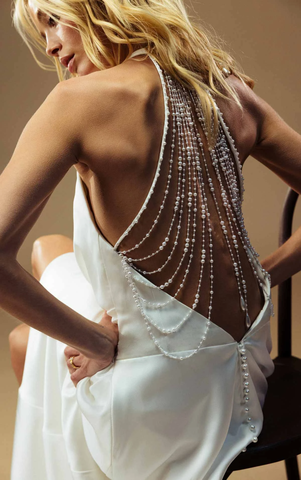 richie Draped Halter Cowl Neckline Satin Sheath Wedding Dress with Pearl Strand Open Back  by All Who Wander