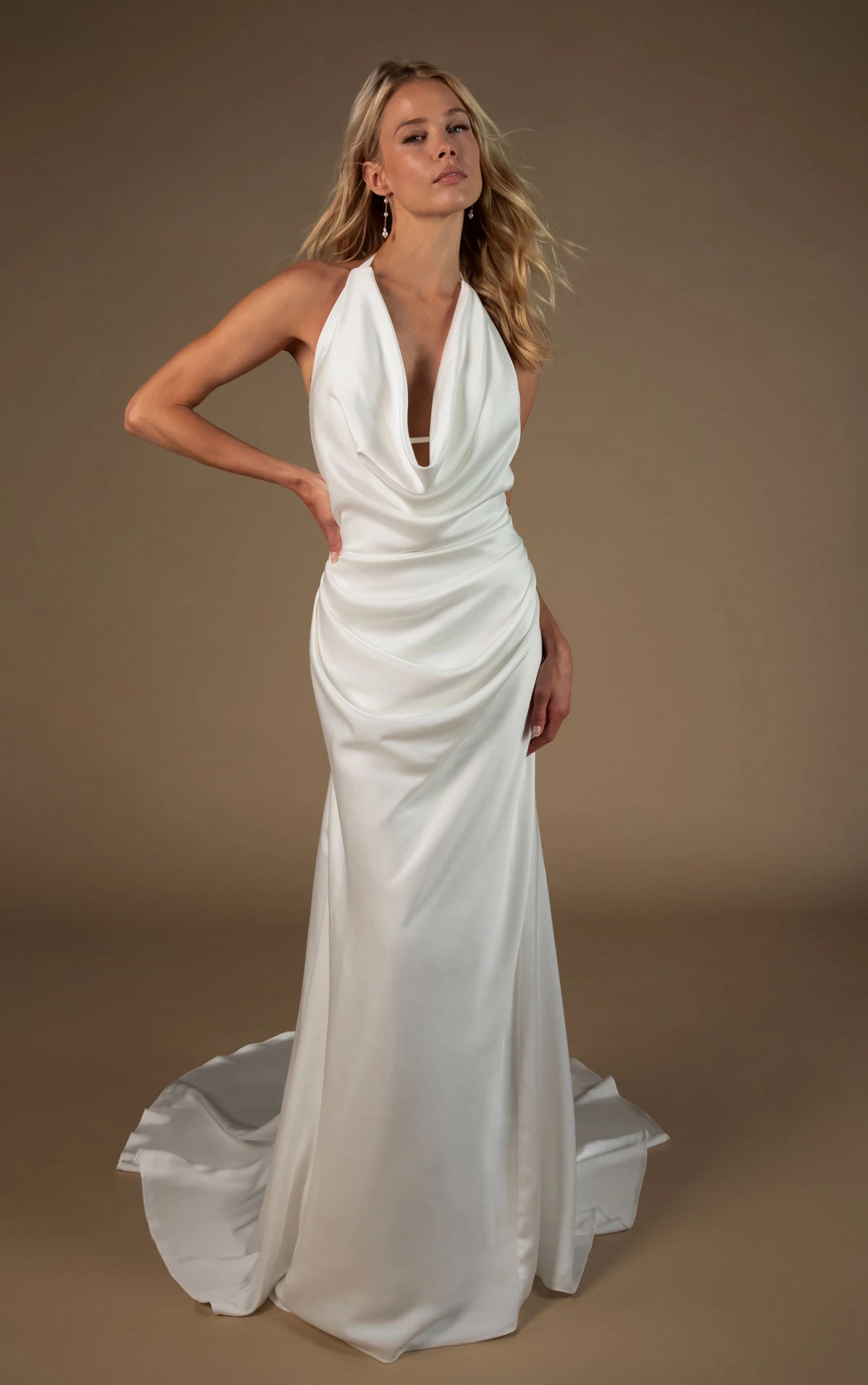 richie Draped Halter Cowl Neckline Satin Sheath Wedding Dress with Pearl Strand Open Back  by All Who Wander