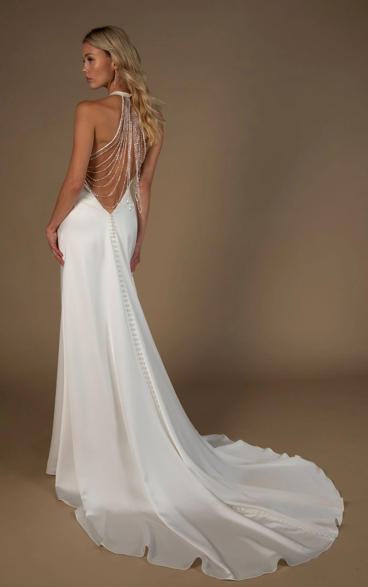richie Draped Halter Cowl Neckline Satin Sheath Wedding Dress with Pearl Strand Open Back  by All Who Wander