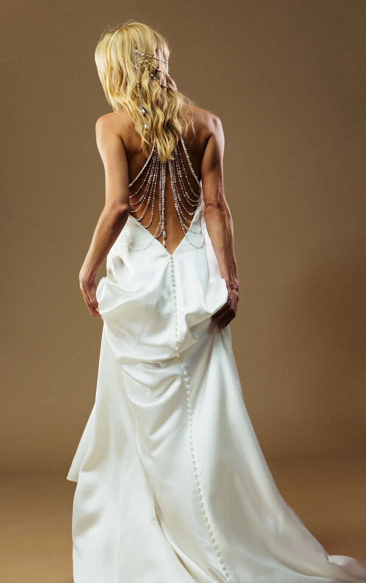 richie Draped Halter Cowl Neckline Satin Sheath Wedding Dress with Pearl Strand Open Back  by All Who Wander