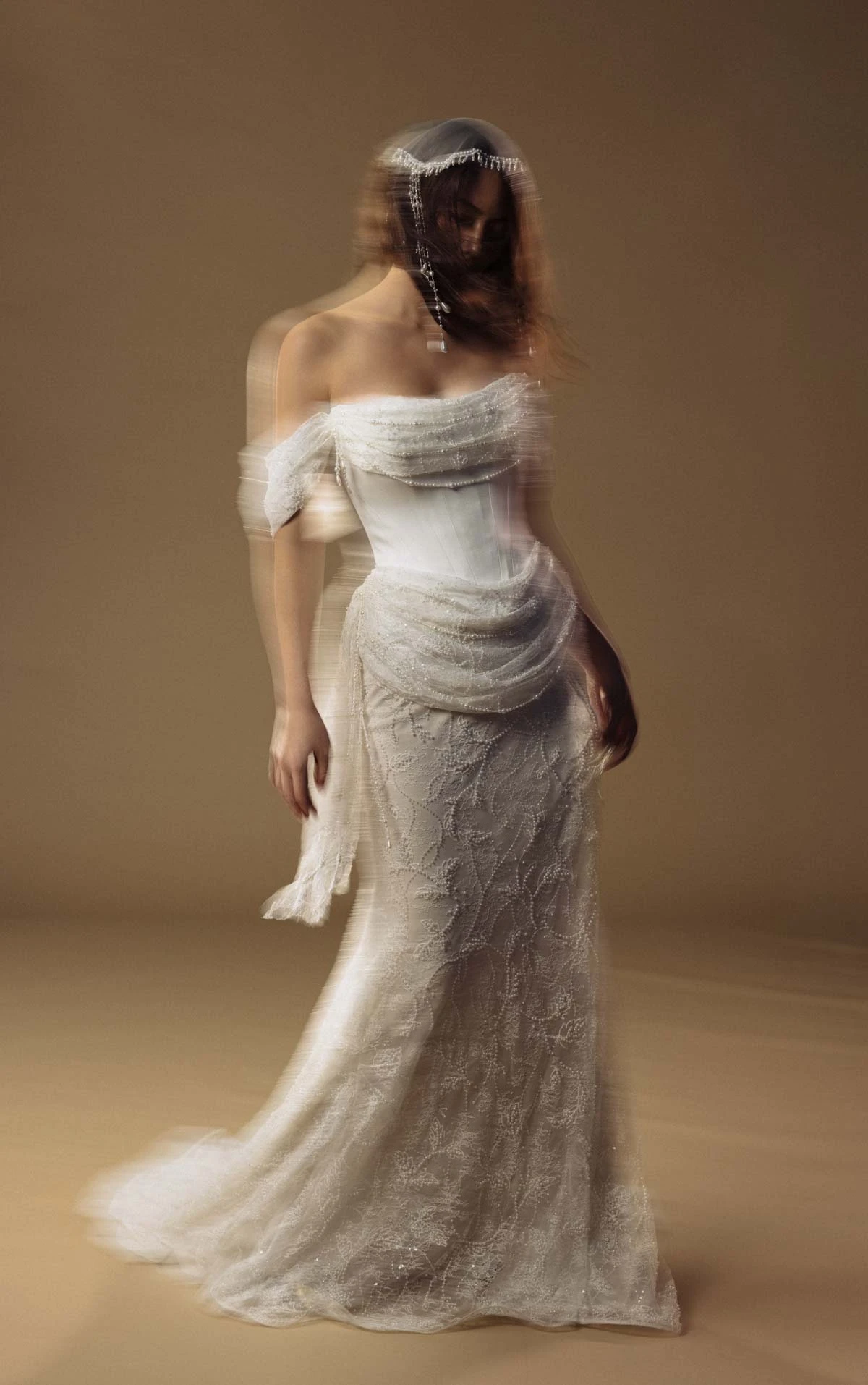 viola Pearl-Beaded Lace Sheath Wedding Gown with an Off-the-Shoulder Neckline  by All Who Wander