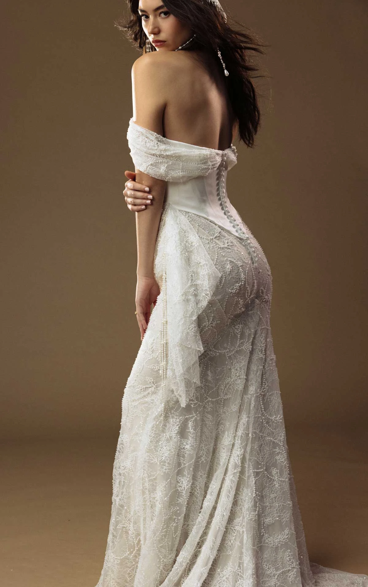 viola Pearl-Beaded Lace Sheath Wedding Gown with an Off-the-Shoulder Neckline  by All Who Wander