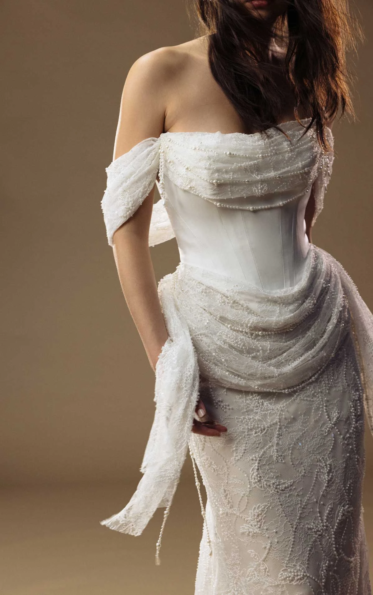 viola Pearl-Beaded Lace Sheath Wedding Gown with an Off-the-Shoulder Neckline  by All Who Wander