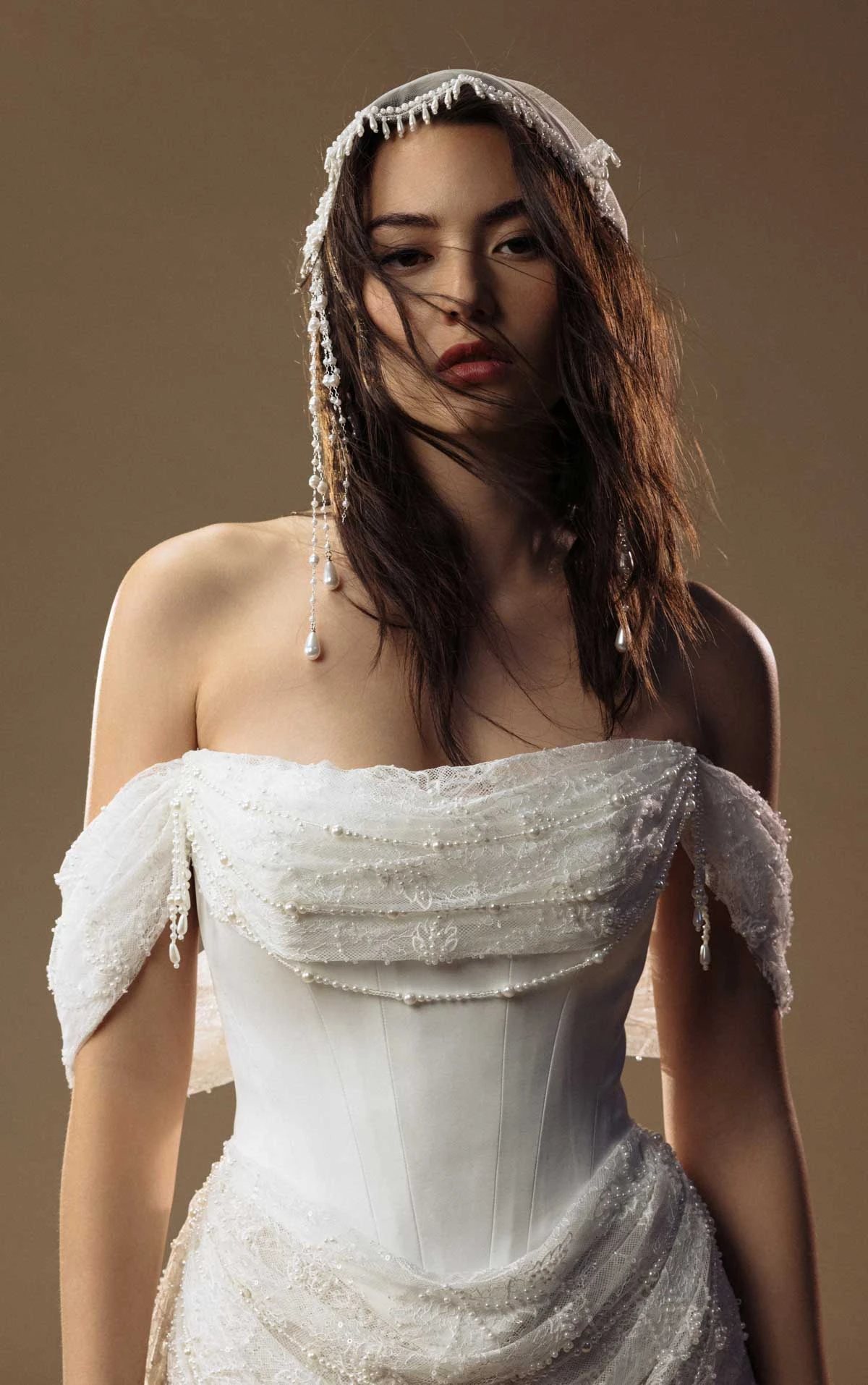 viola Pearl-Beaded Lace Sheath Wedding Gown with an Off-the-Shoulder Neckline  by All Who Wander