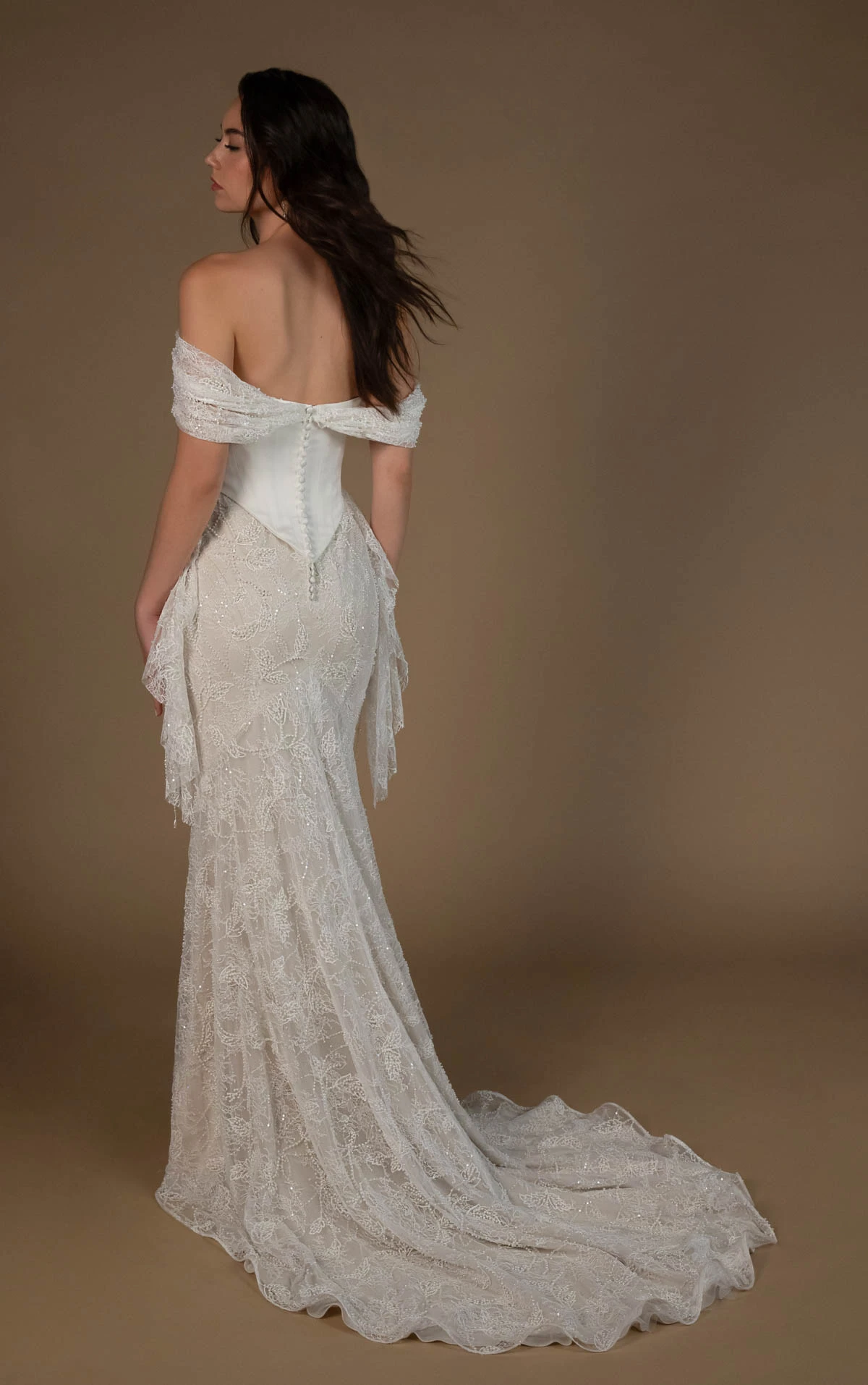 viola Pearl-Beaded Lace Sheath Wedding Gown with an Off-the-Shoulder Neckline  by All Who Wander