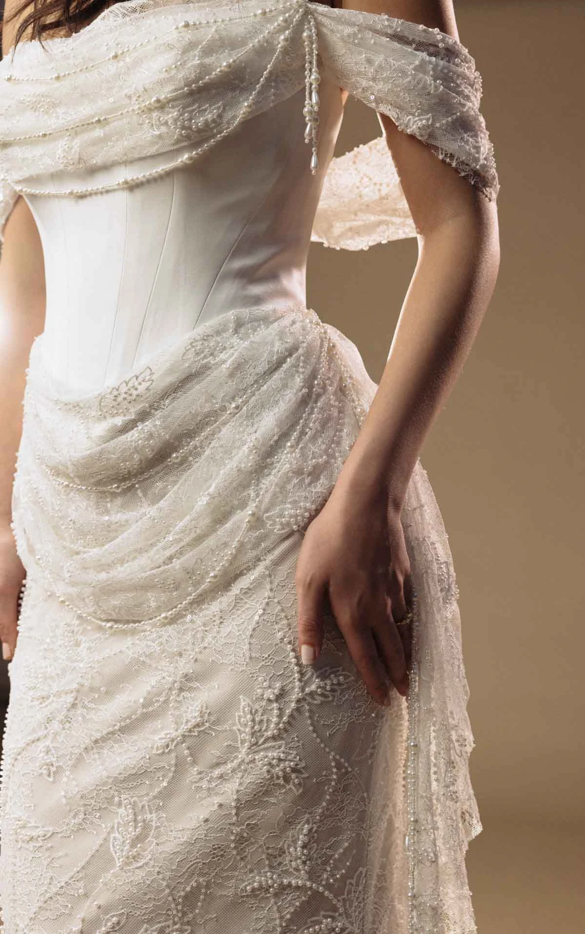 viola Pearl-Beaded Lace Sheath Wedding Gown with an Off-the-Shoulder Neckline  by All Who Wander