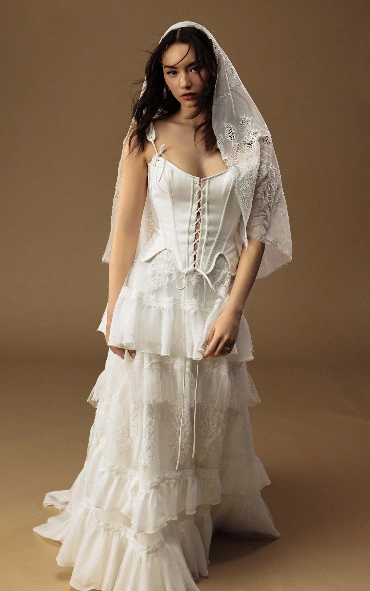 winona Tiered Lace A-Line Wedding Dress with a Structured Corset Bodice  by All Who Wander