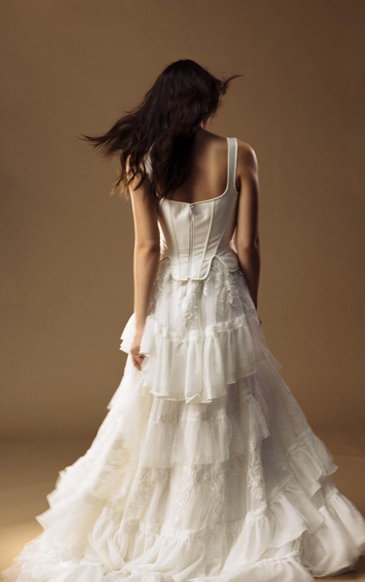 winona Tiered Lace A-Line Wedding Dress with a Structured Corset Bodice  by All Who Wander