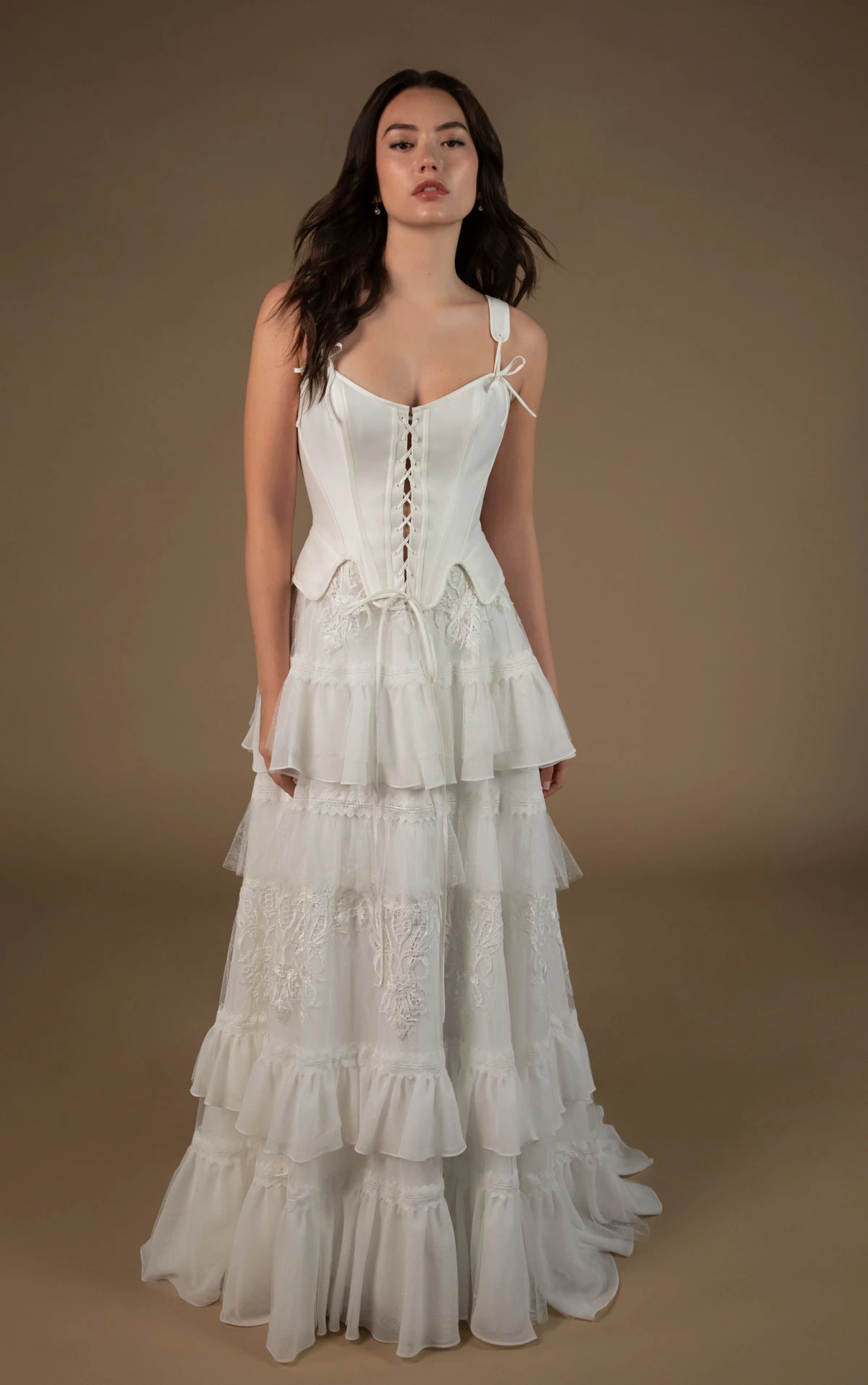 winona Tiered Lace A-Line Wedding Dress with a Structured Corset Bodice  by All Who Wander