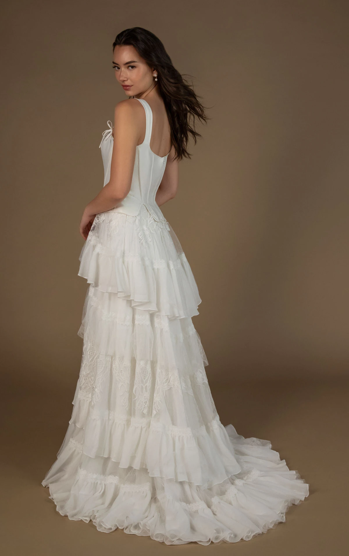 winona Tiered Lace A-Line Wedding Dress with a Structured Corset Bodice  by All Who Wander