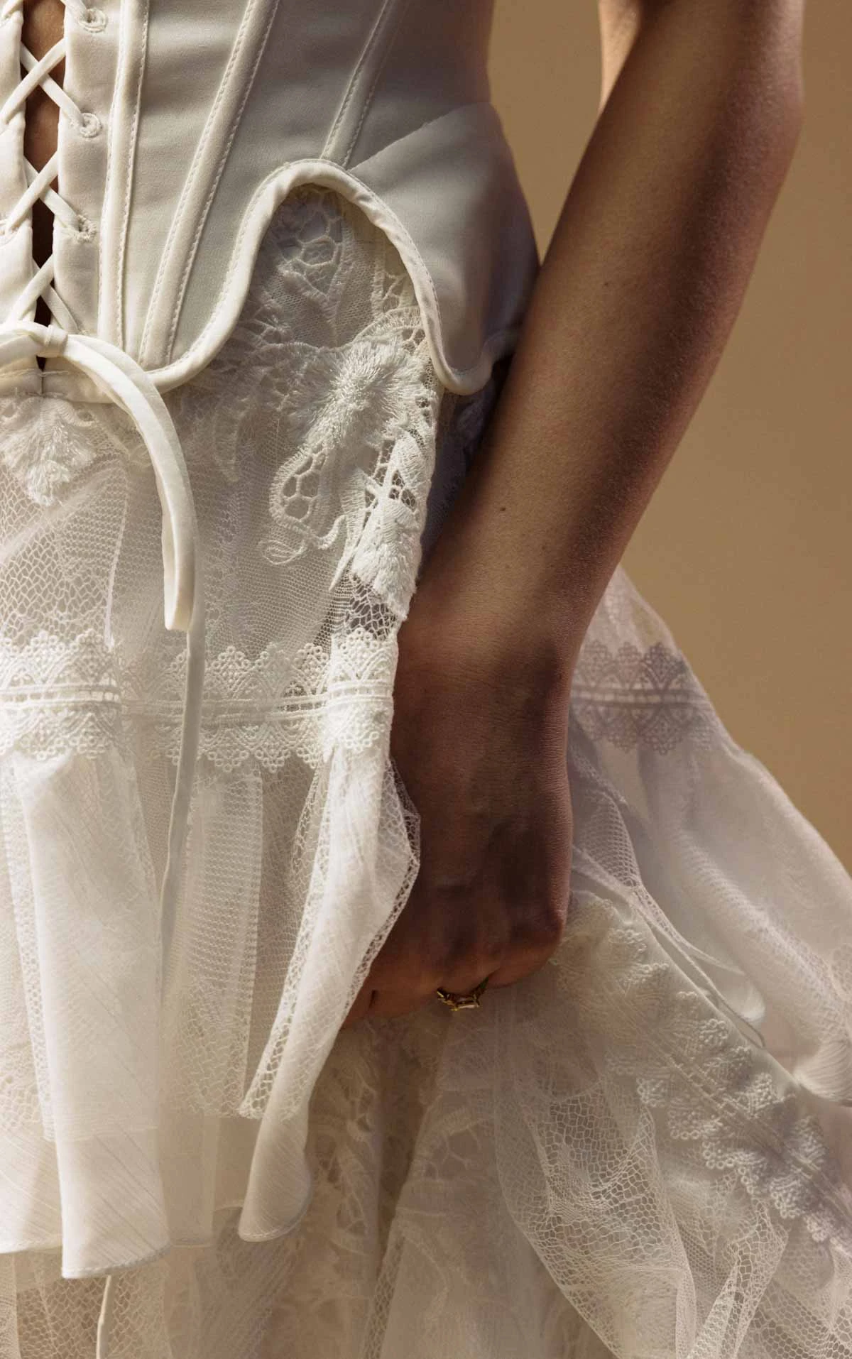 winona Tiered Lace A-Line Wedding Dress with a Structured Corset Bodice  by All Who Wander