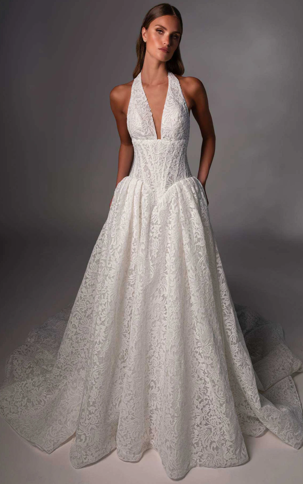 le1503 Halter Lace Bridal Gown Featuring a Plunging Neckline and Basque Waistline  by Martina Liana Luxe