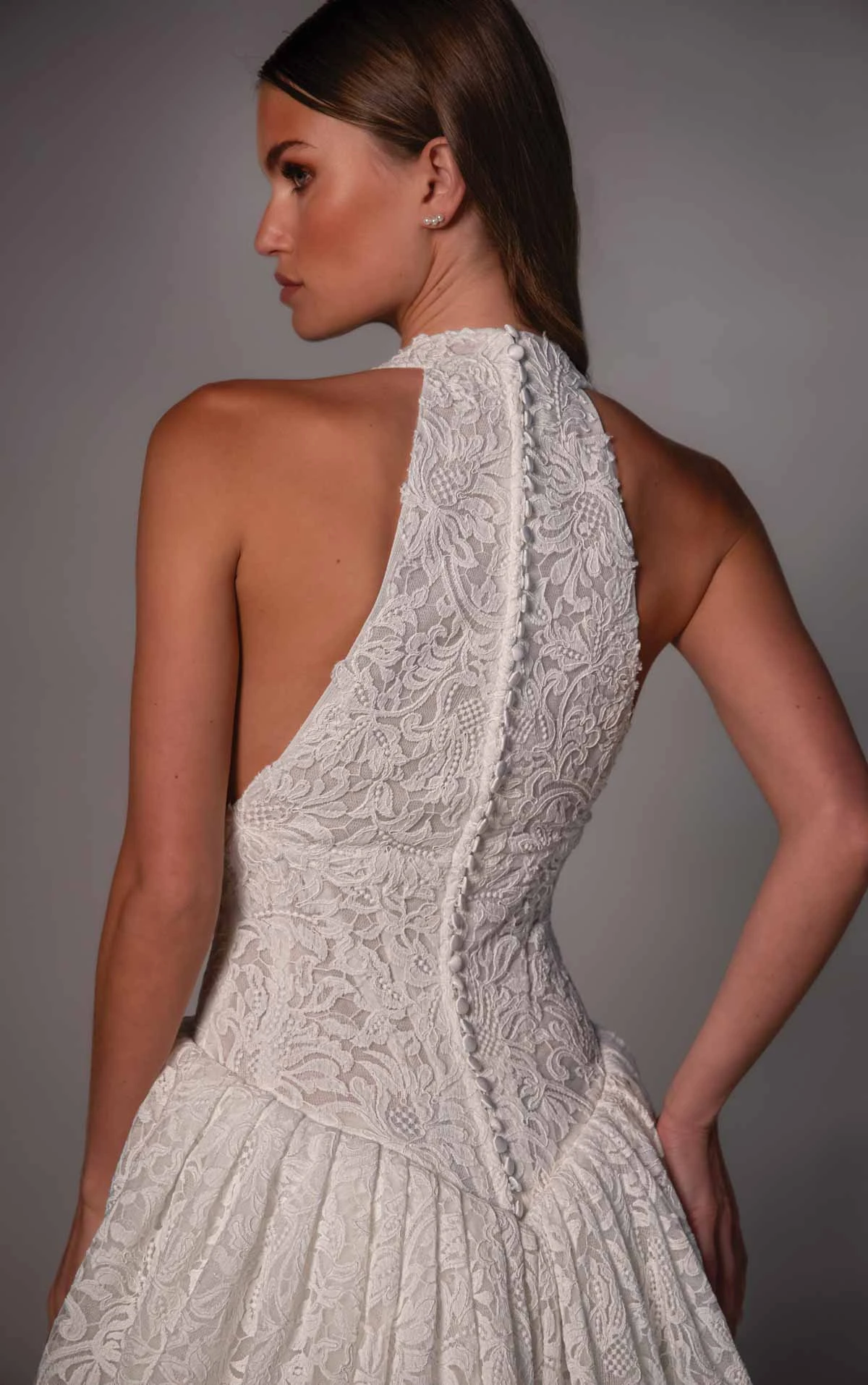 le1503 Halter Lace Bridal Gown Featuring a Plunging Neckline and Basque Waistline  by Martina Liana Luxe