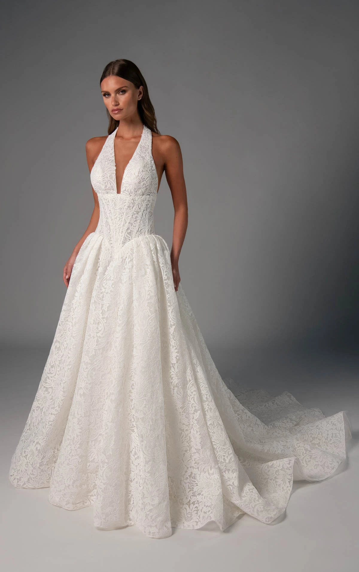 le1503 Halter Lace Bridal Gown Featuring a Plunging Neckline and Basque Waistline  by Martina Liana Luxe