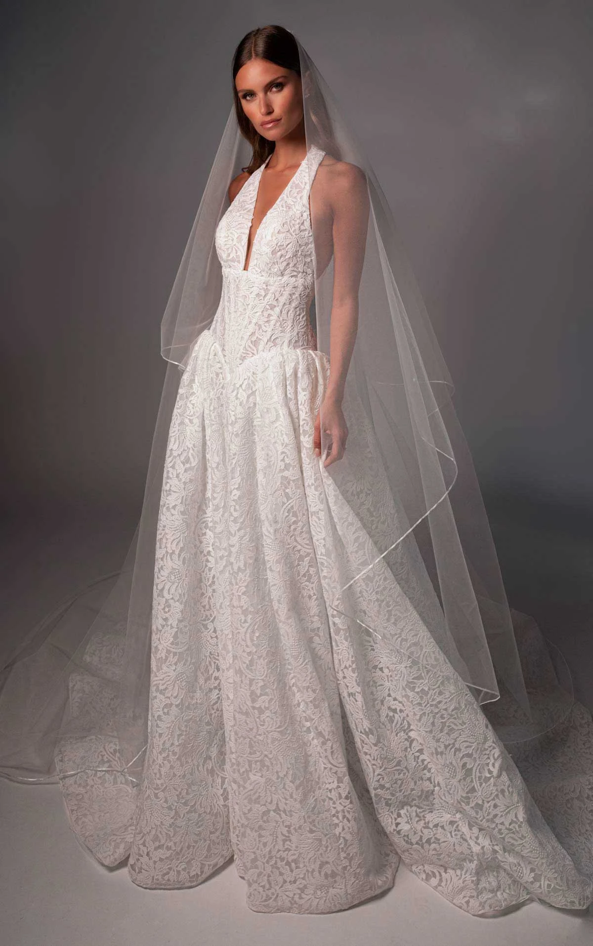 le1503 Halter Lace Bridal Gown Featuring a Plunging Neckline and Basque Waistline  by Martina Liana Luxe
