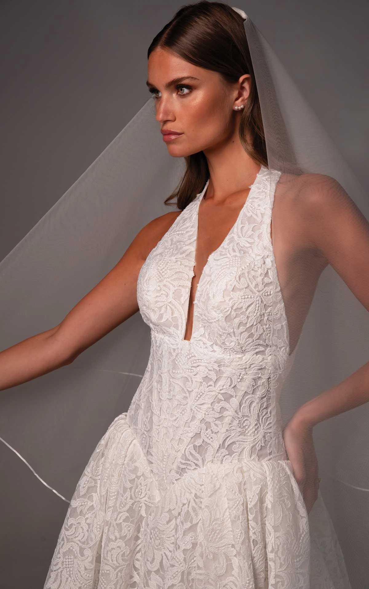 le1503 Halter Lace Bridal Gown Featuring a Plunging Neckline and Basque Waistline  by Martina Liana Luxe