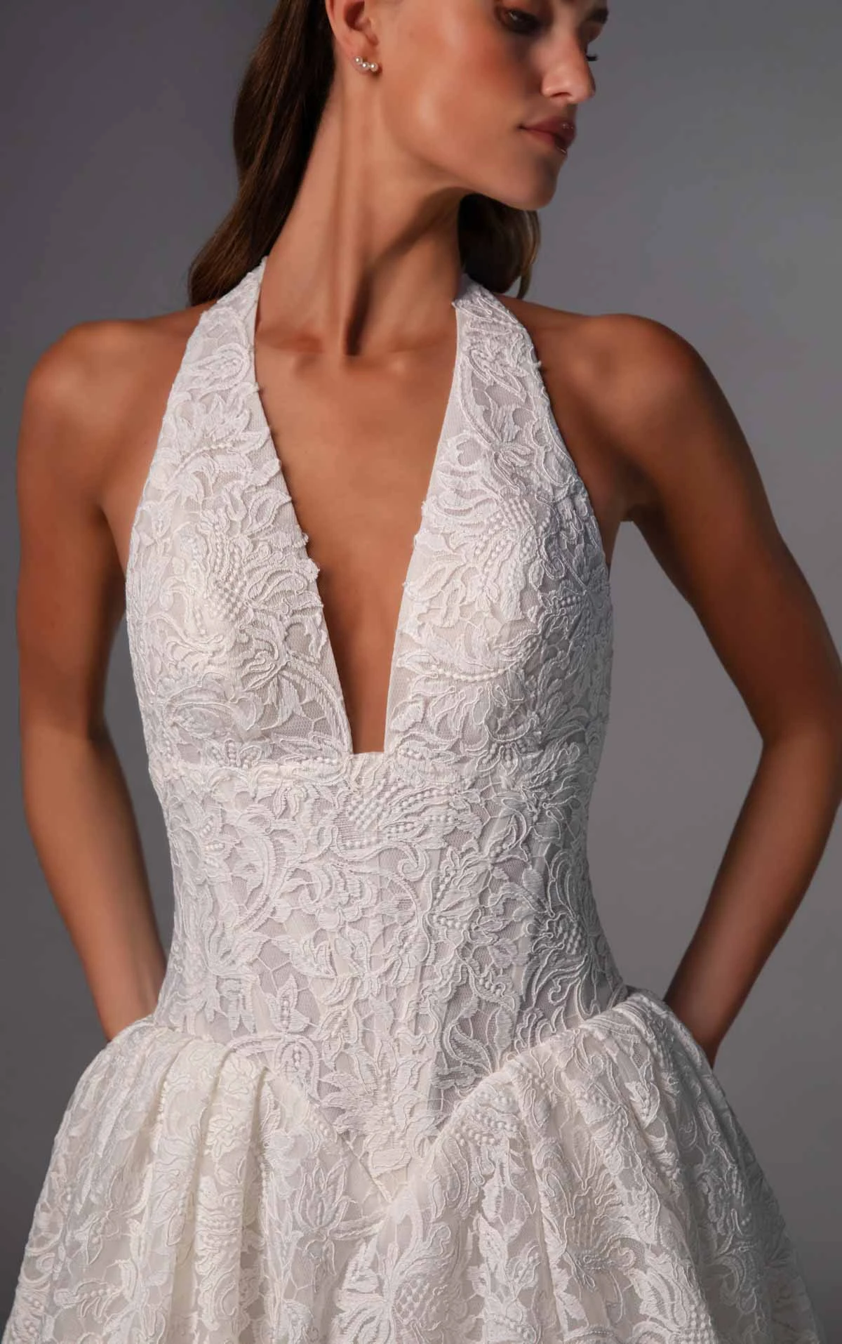 le1503 Halter Lace Bridal Gown Featuring a Plunging Neckline and Basque Waistline  by Martina Liana Luxe