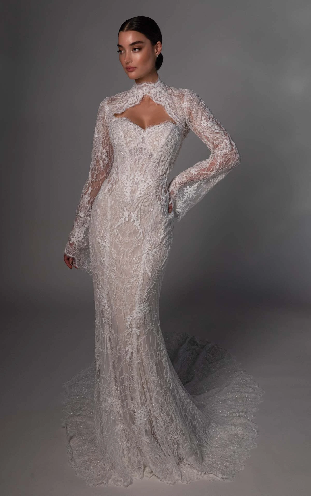 le1504 High-Neck Fit-and-Flare Wedding Gown in Beaded Graphic Lace with Detachable Tulle Overskirt  by Martina Liana Luxe