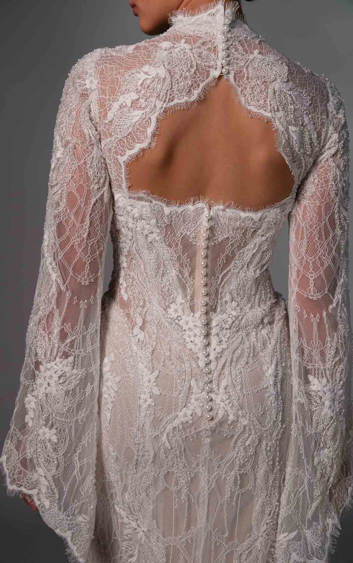 le1504 High-Neck Fit-and-Flare Wedding Gown in Beaded Graphic Lace with Detachable Tulle Overskirt  by Martina Liana Luxe