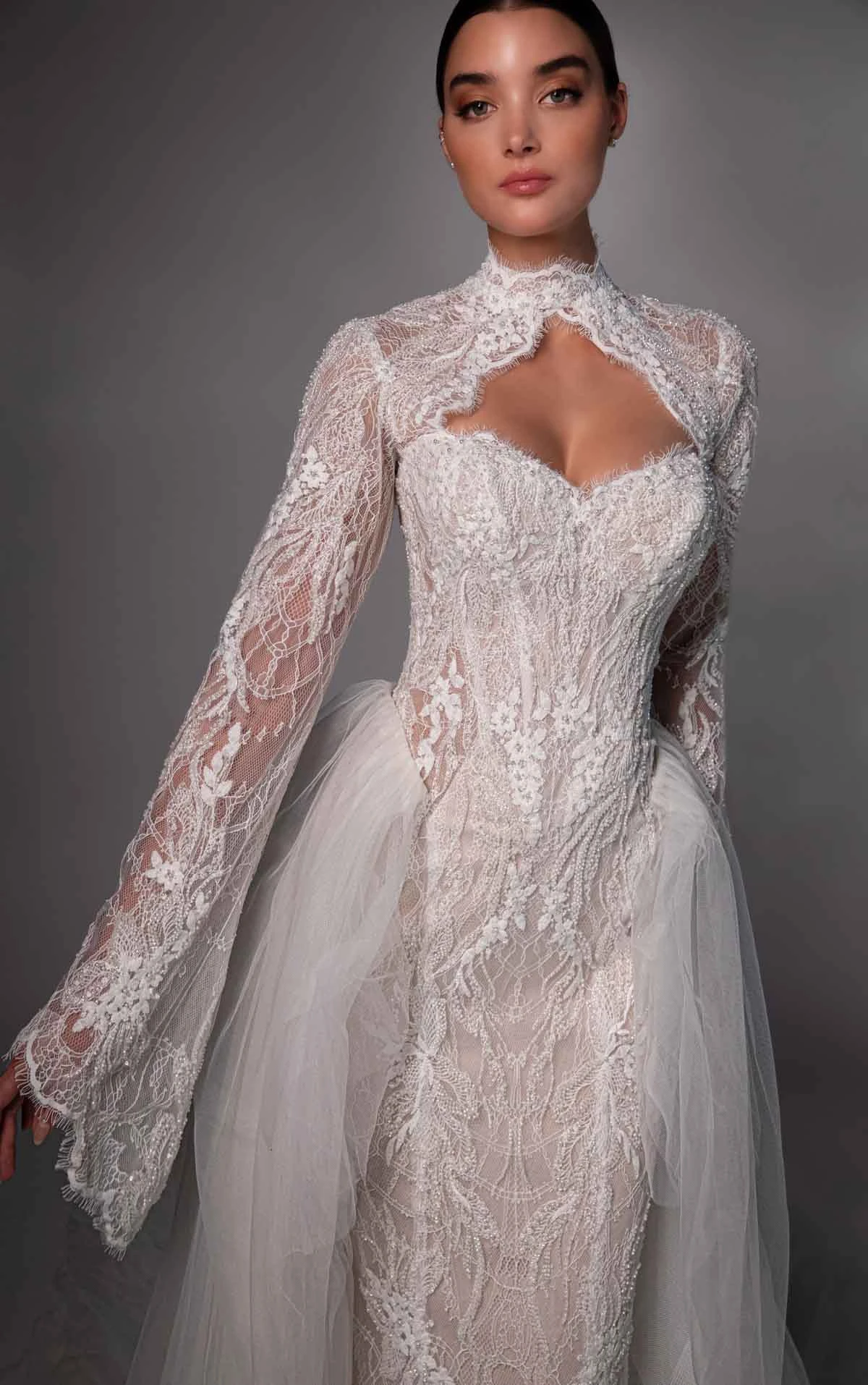 le1504 High-Neck Fit-and-Flare Wedding Gown in Beaded Graphic Lace with Detachable Tulle Overskirt  by Martina Liana Luxe
