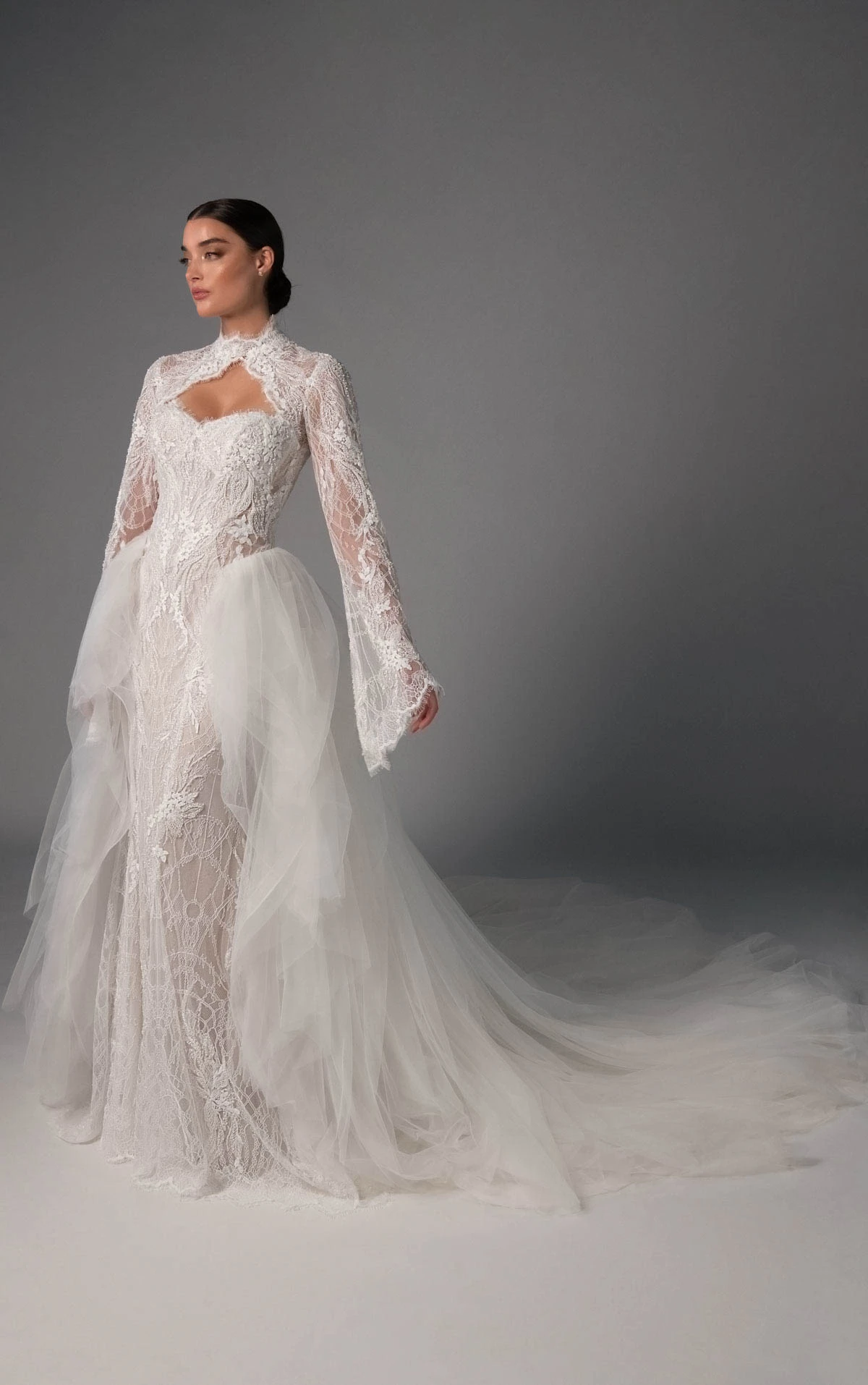 le1504 High-Neck Fit-and-Flare Wedding Gown in Beaded Graphic Lace with Detachable Tulle Overskirt  by Martina Liana Luxe