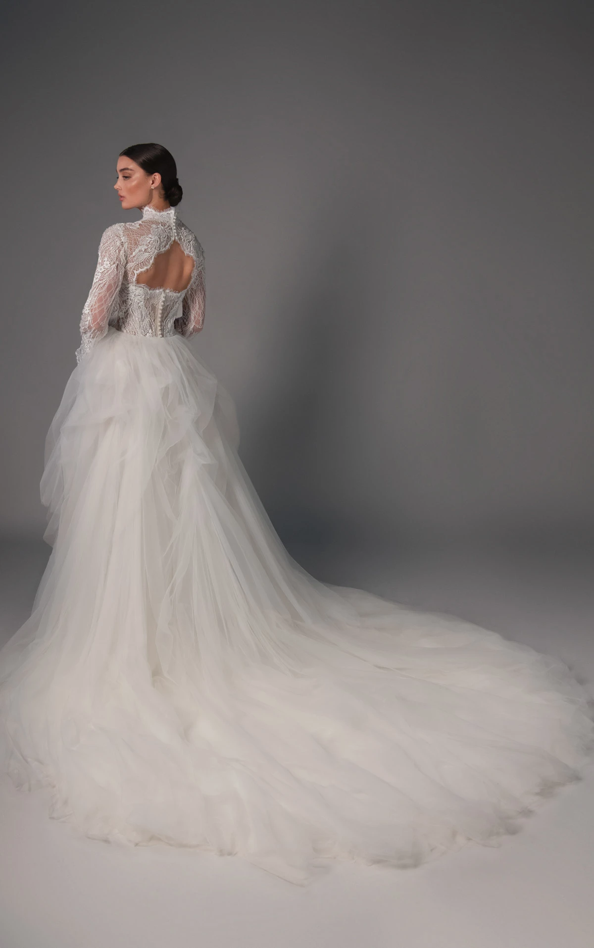le1504 High-Neck Fit-and-Flare Wedding Gown in Beaded Graphic Lace with Detachable Tulle Overskirt  by Martina Liana Luxe
