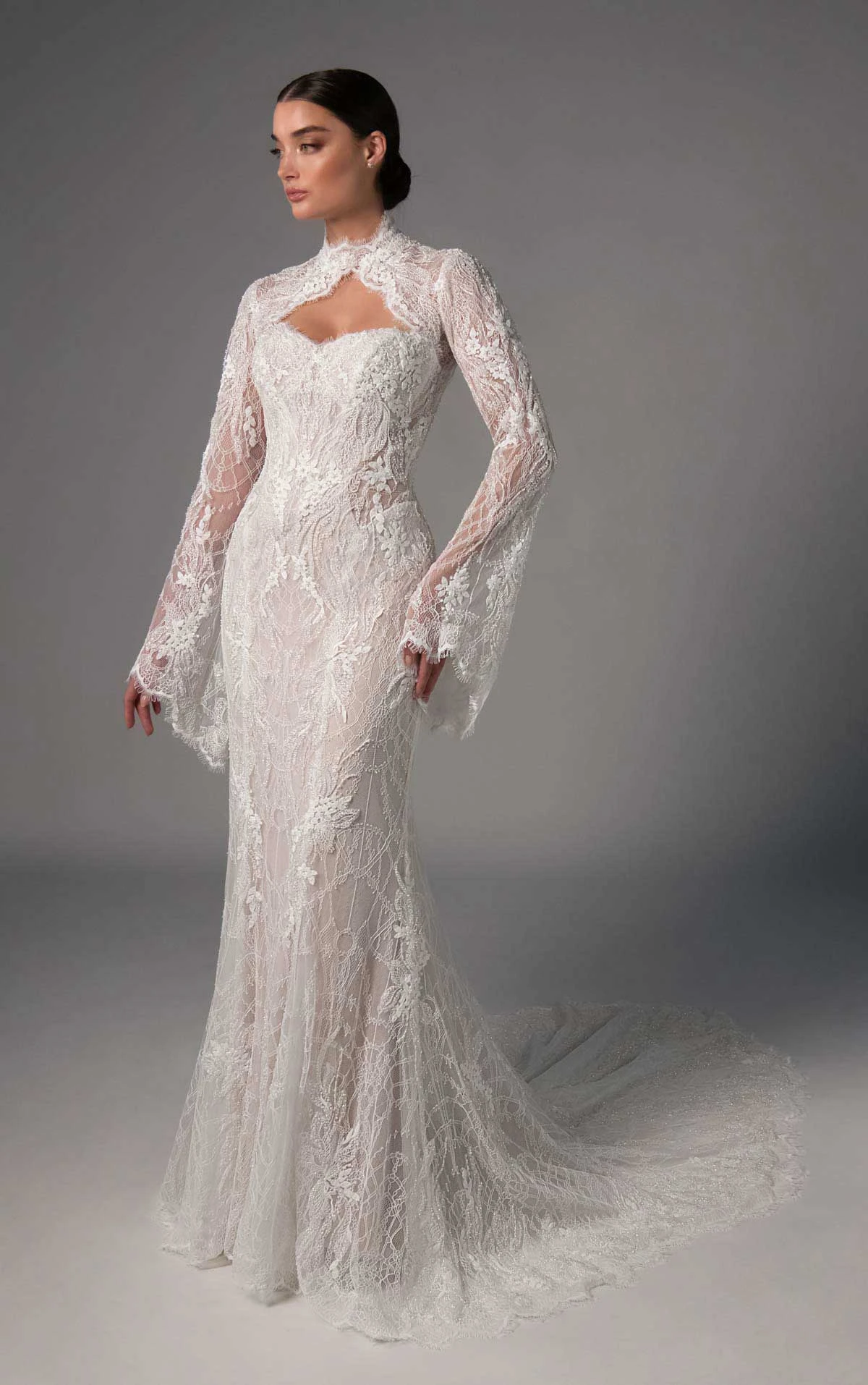 le1504 High-Neck Fit-and-Flare Wedding Gown in Beaded Graphic Lace with Detachable Tulle Overskirt  by Martina Liana Luxe