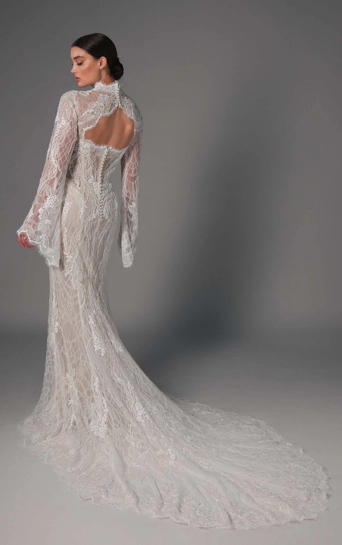 le1504 High-Neck Fit-and-Flare Wedding Gown in Beaded Graphic Lace with Detachable Tulle Overskirt  by Martina Liana Luxe