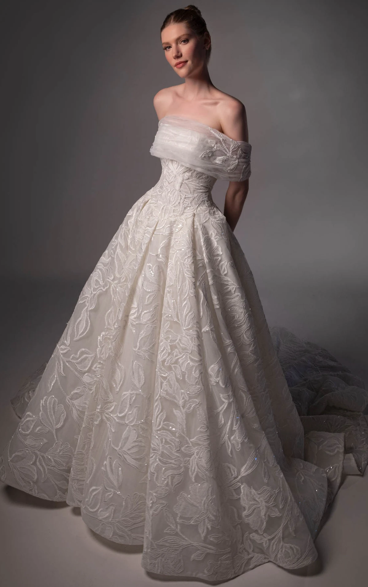 le1506 Oversized Floral Lace Bridal Ballgown with an Off-the-Shoulder Detachable Shawl Detail  by Martina Liana Luxe
